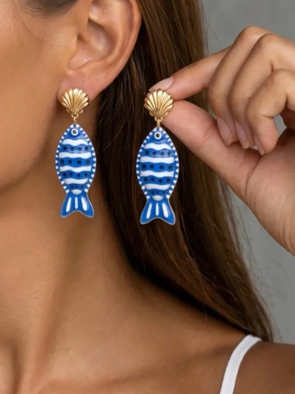 Fashion Jewelry Blue & White Fish Drop Earrings with Gold Shell Stud NWT